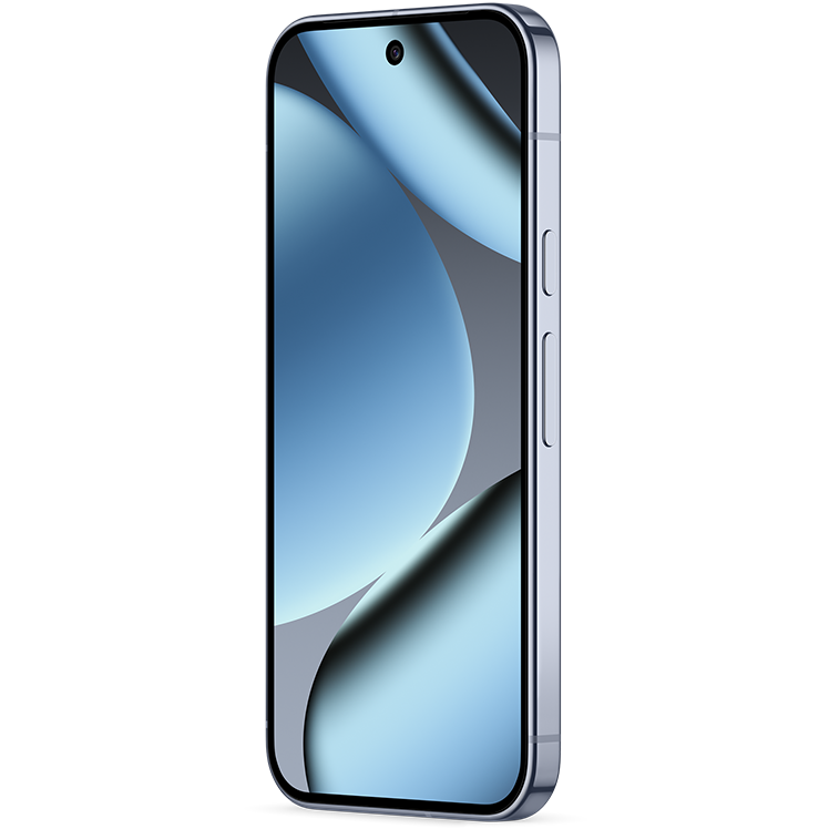 Grå Google Pixel 10 Pro med blå abstrakt bakgrund på skärmen sedd från sidan.