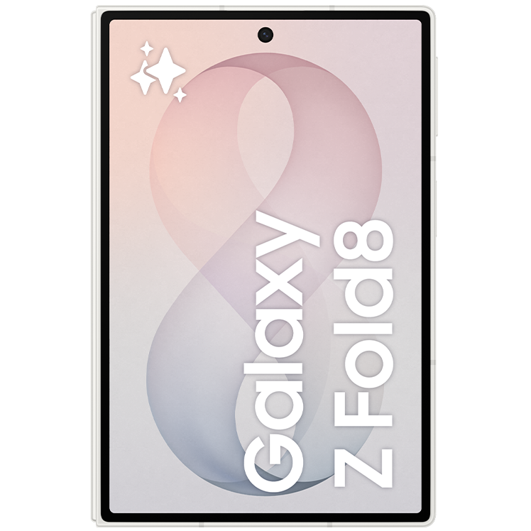 Samsung Galaxy Z Fold8 sedd framifrån med mjukt rosa och lila bakgrund och vit text på skärmen.