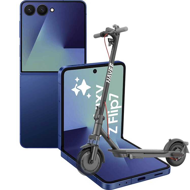 Blå Samsung Galaxy Z Flip-telefon visad både hopfälld och uppfälld, med dubbla kameror och logotyp på skärmen tillsammans en svart elsparkcykel.