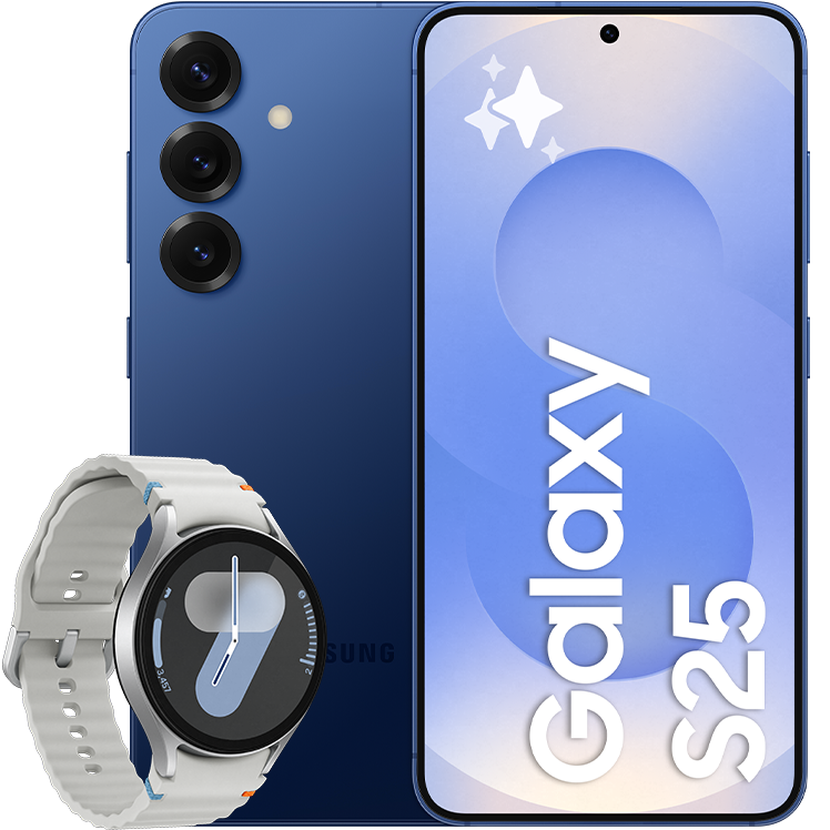 Samsung Galaxy S25 i mörkblå, visad fram- och bakifrån med tre kameralinser, tillsammans med en silverfärgad Samsung Galaxy Watch7.