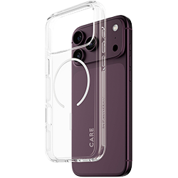 Genomskinligt mobilskal från CARE by PanzerGlass framför en lila iPhone, med MagSafe-ring synlig genom skalet.