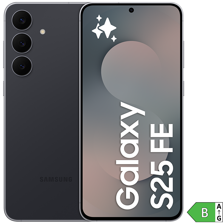 Svart Samsung Galaxy S25 FE med tre kameror på baksidan och grå skärm. 