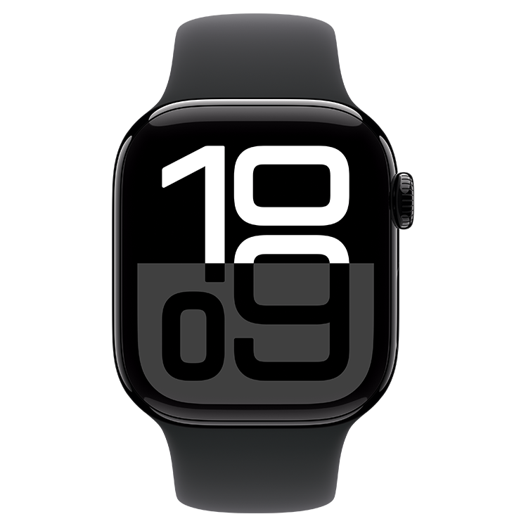 Watch Series 10, 42 mm, framsida, gagatsvart, kvadratisk urtavla/skärm med tidsvisning på färgmatchad bakgrund, svart armband