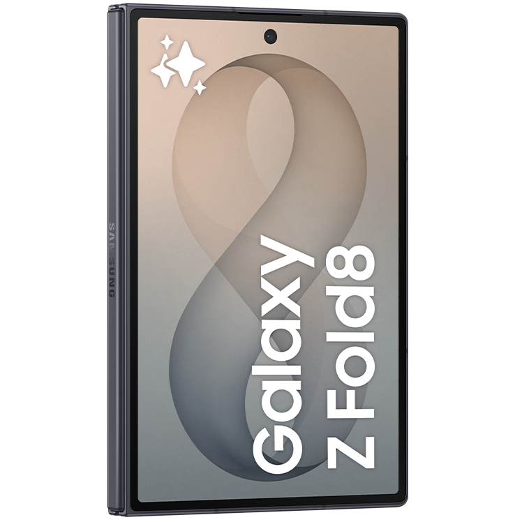 Samsung Galaxy Z Fold8 vikbar smartphone sedd snett ramifrån med grå och beige skärm.
