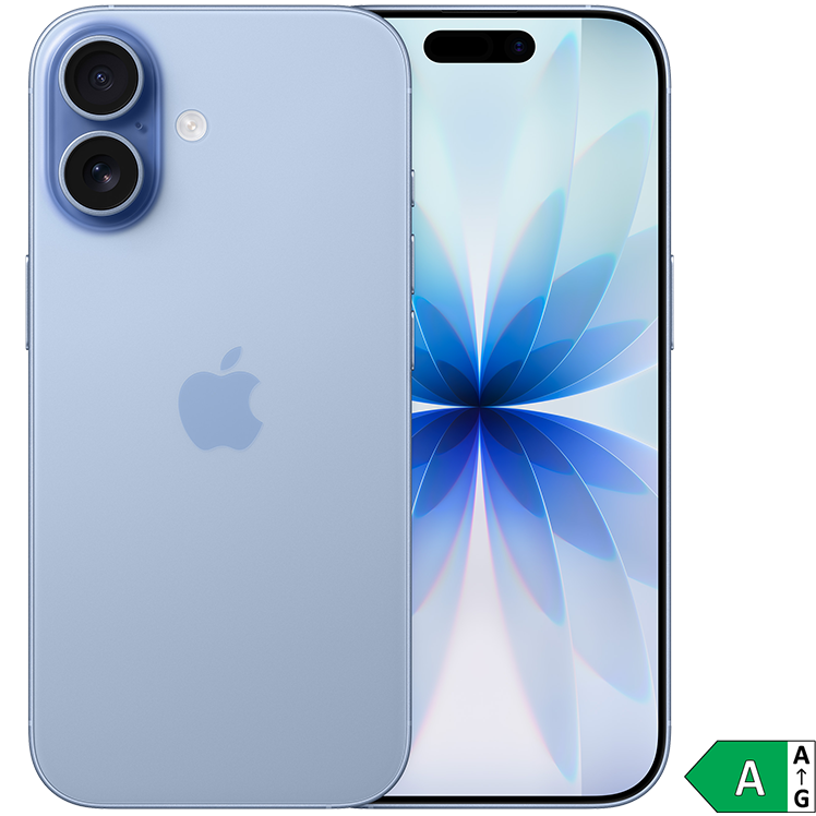Ljusblå iPhone med dubbla kameror och en skärm som visar en blå blomliknande design. Energimärkning A visas.