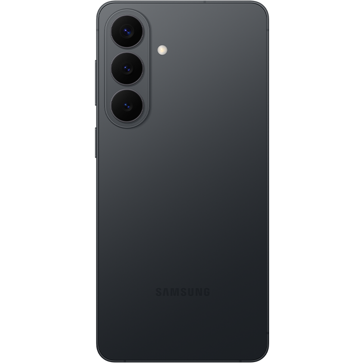 Baksidan av en svart Samsung-smartphone med tre kameror i en vertikal rad och en blixt placerad bredvid.