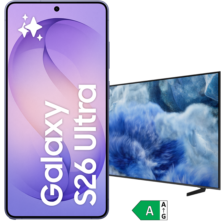 Samsung Galaxy S26 Ultra smartphone i lila bredvid en Samsung TV med energimärkning klass A.