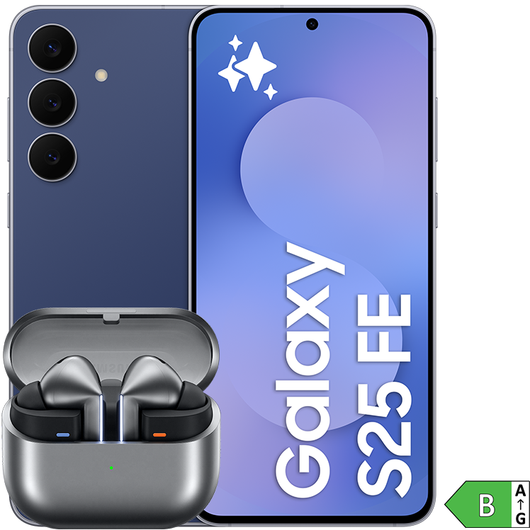 Blå Samsung Galaxy S25 FE med tre kameror visas bredvid ett par grå trådlösa hörlurar med laddningsfodral.