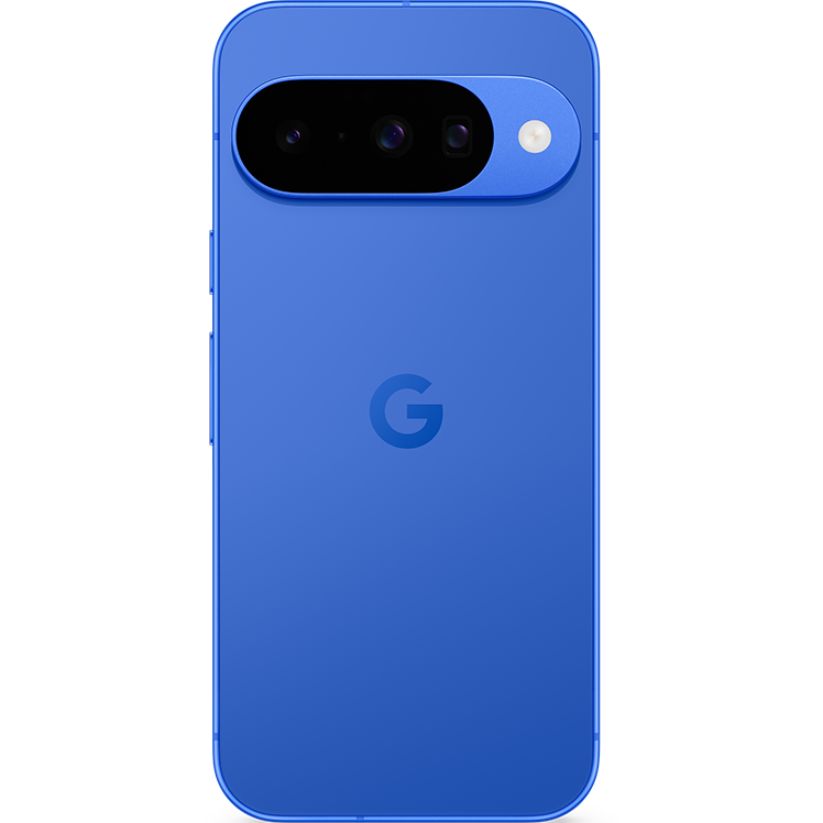 Blå Google Pixel-telefon sedd bakifrån med kameramodul i svart oval form som innehåller flera linser och en blixt.