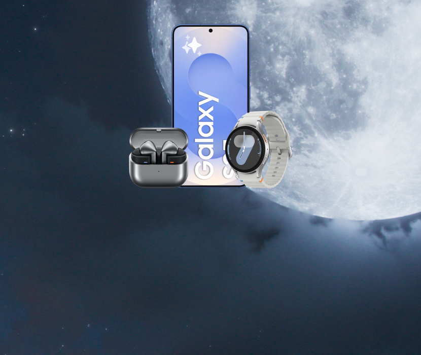 Samsung Galaxy S25 med Buds3 Pro och Watch7 mot mörk månbakgrund