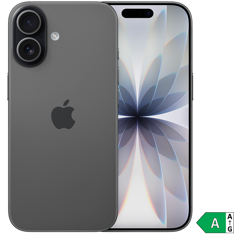 Grå iPhone med dubbla kameror och blomliknande bakgrundsbild på skärmen. Energimärkning A visas i hörnet.