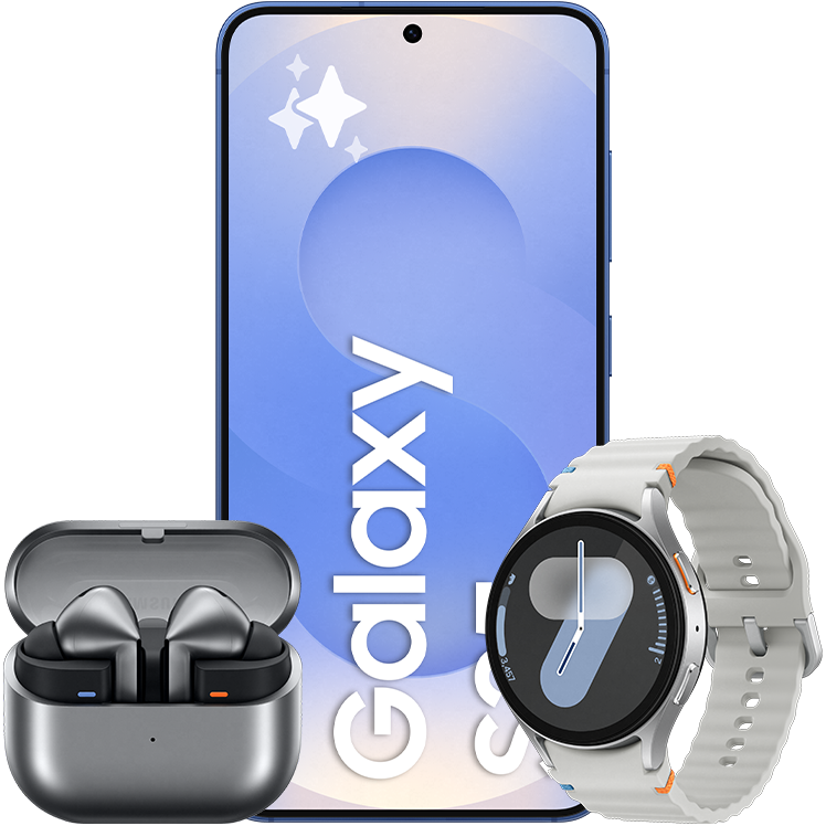 Blå Galaxy S25 med klocka och hörlurar framför mobilen