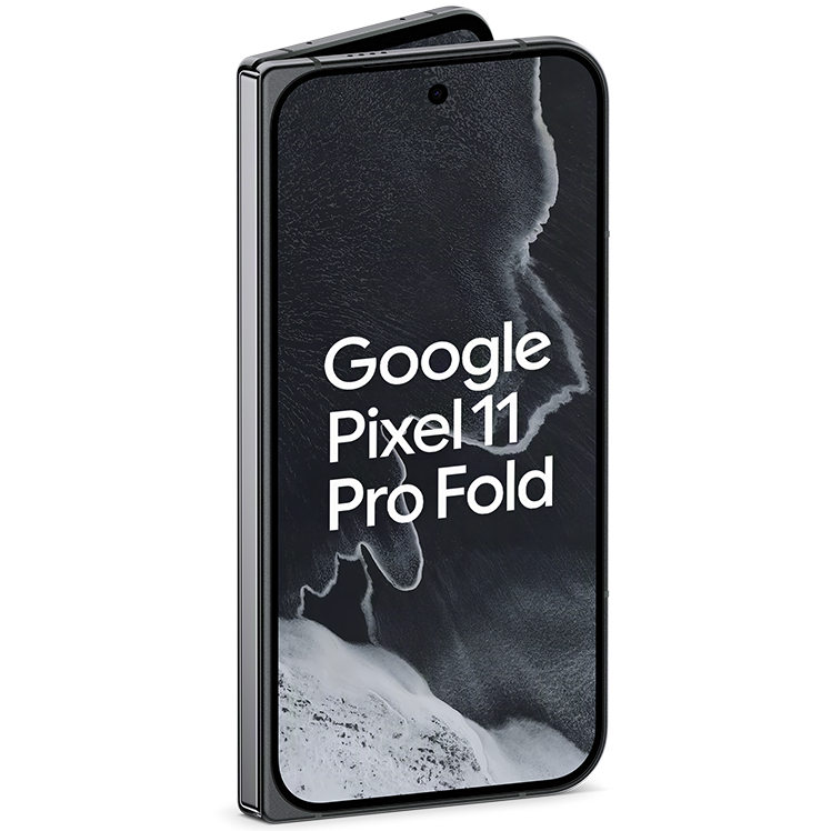 Google Pixel 11 Pro Fold i svart färg, visad framifrån med en kustvy på skärmen.