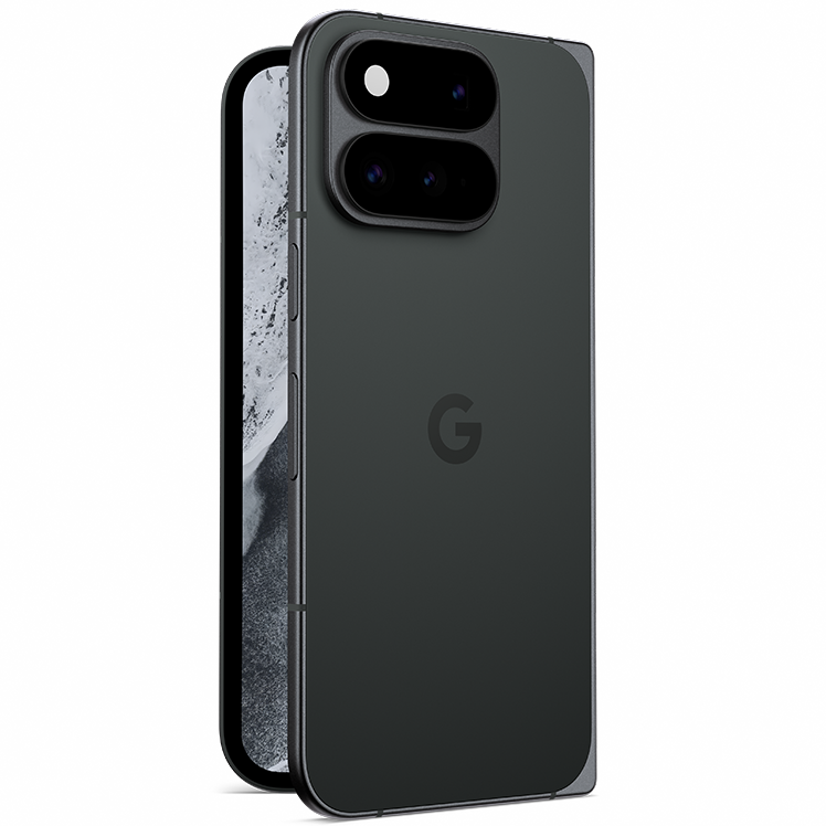 Google Pixel 11 Pro Fold i svart med dubbla kameror på baksidan och Google-logotyp, visad från vinkel.