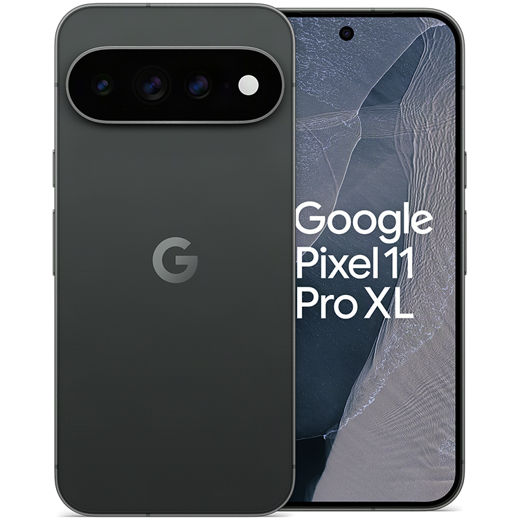 Google Pixel 11 Pro XL smartphone i mörkgrå färg, visad från bak- och framsida med trippelkamera.