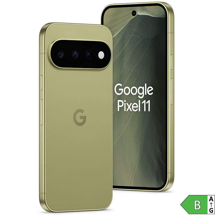 Google Pixel 11 smartphone i grön färg, visad från bak- och framsida med trippelkamera och energiklass B-märkning.