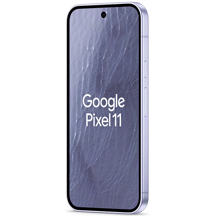 Google Pixel 11 smartphone i ljusblå färg, visad från sidan med en blå naturbakgrund på skärmen.