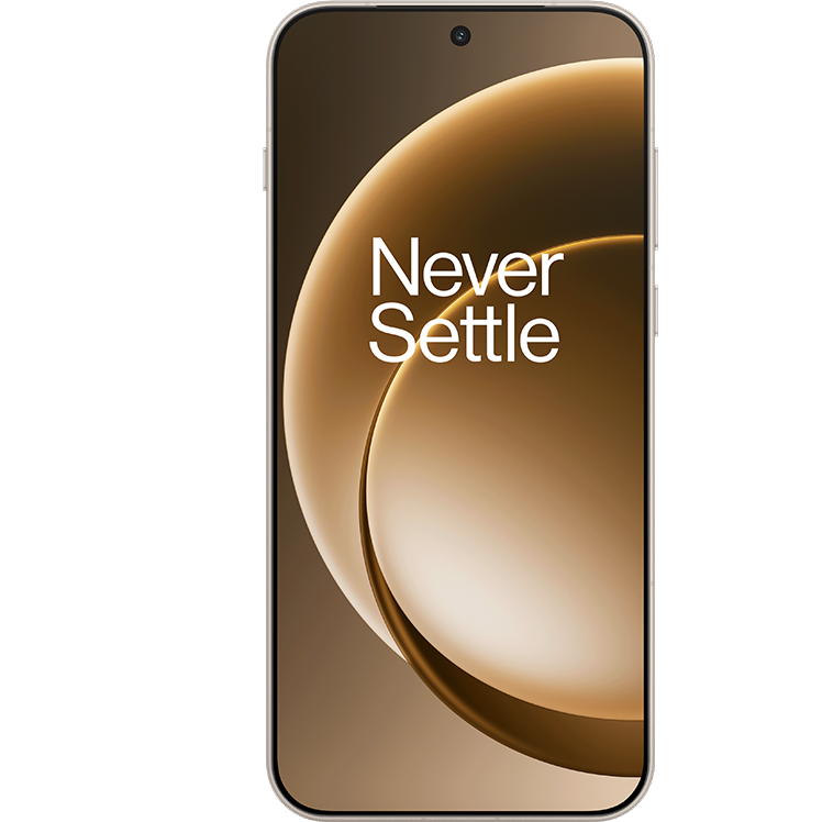 En OnePlus-smartphone med guldtonad skärm som visar texten "Never Settle" mot en elegant böjd bakgrund.