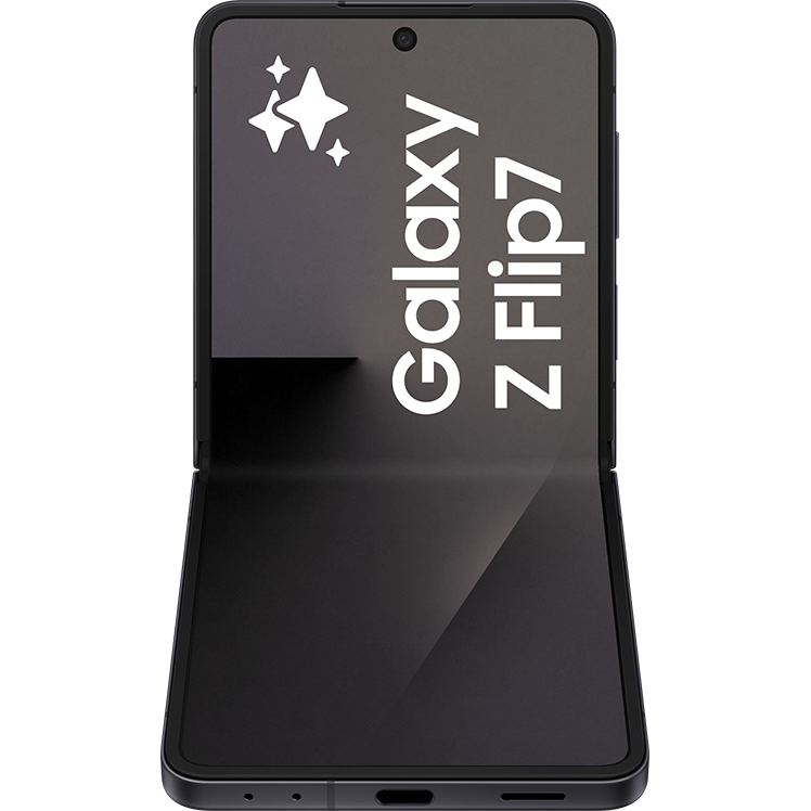 En svart Samsung Galaxy Z Flip-telefon sedd från skärmsidan i delvis uppfällt läge med logotypen och stjärnor synliga på skärmen.