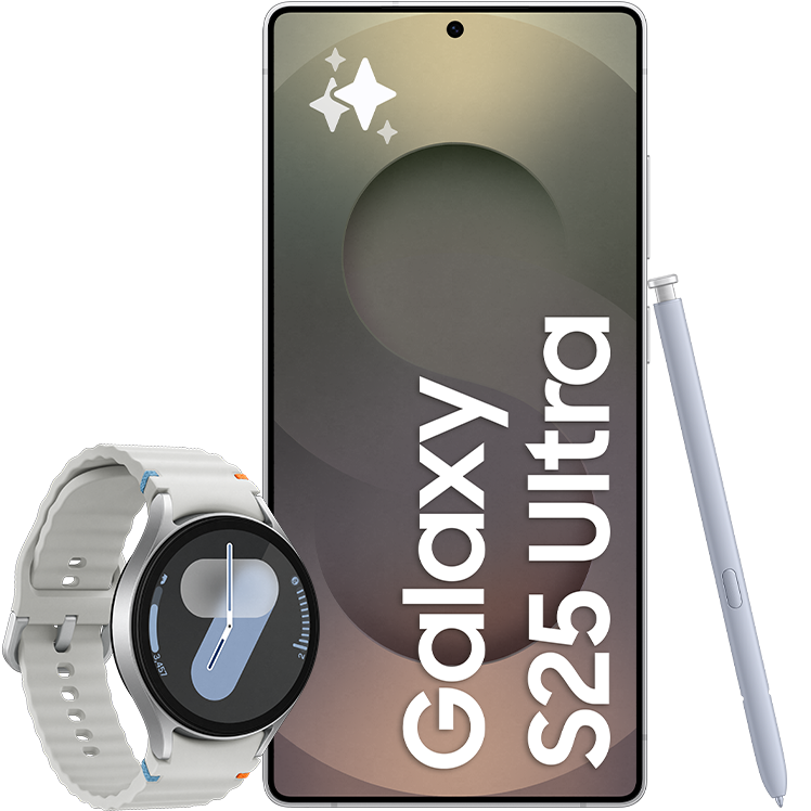 Silverfärgad Samsung Galaxy S25 Ultra med text på skärmen, visad tillsammans med en pekpenna och silverfärgad Samsung Galaxy Watch7 med rund urtavla.