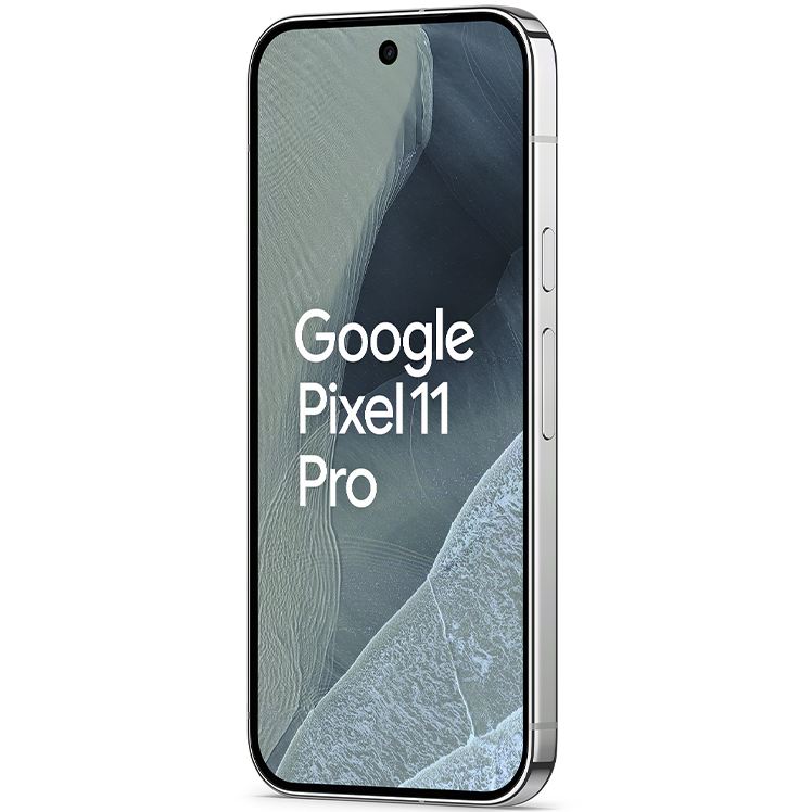 Google Pixel 11 Pro smartphone i ljus färg, sedd framifrån i vinkel med skärmen tänd.