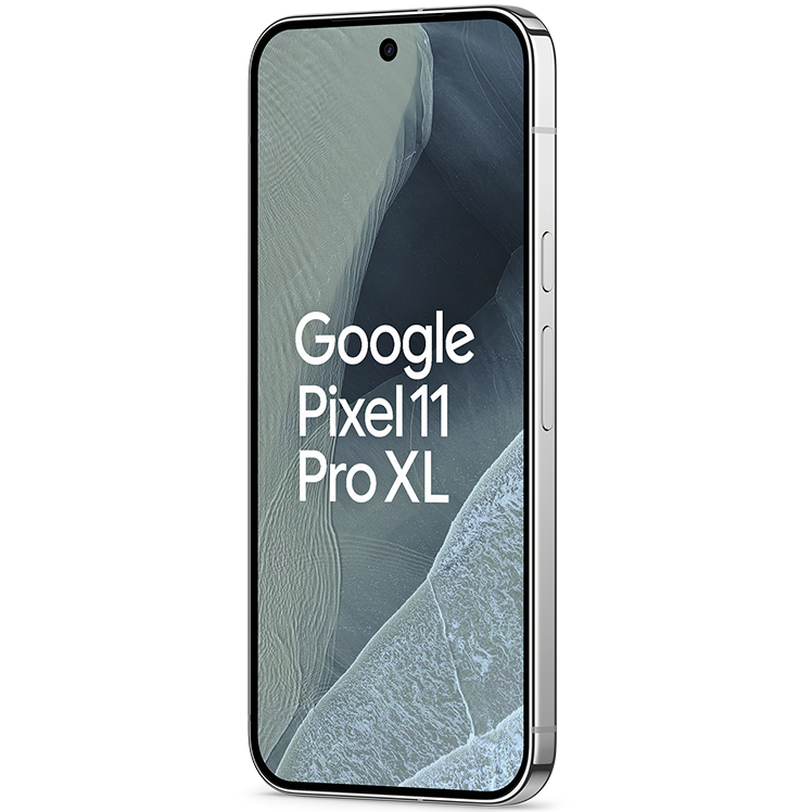 Google Pixel 11 Pro XL smartphone i blå färg med blå skärm, visad i vinkel från framsidan.