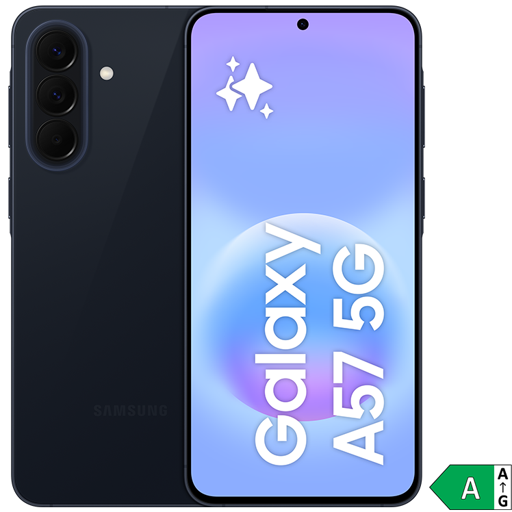 Mörkblå Samsung Galaxy A57 5G-smartphone med ljusblå skärm som visar produktnamnet och dekorativa stjärnor. Energiklass A visas i hörnet.
