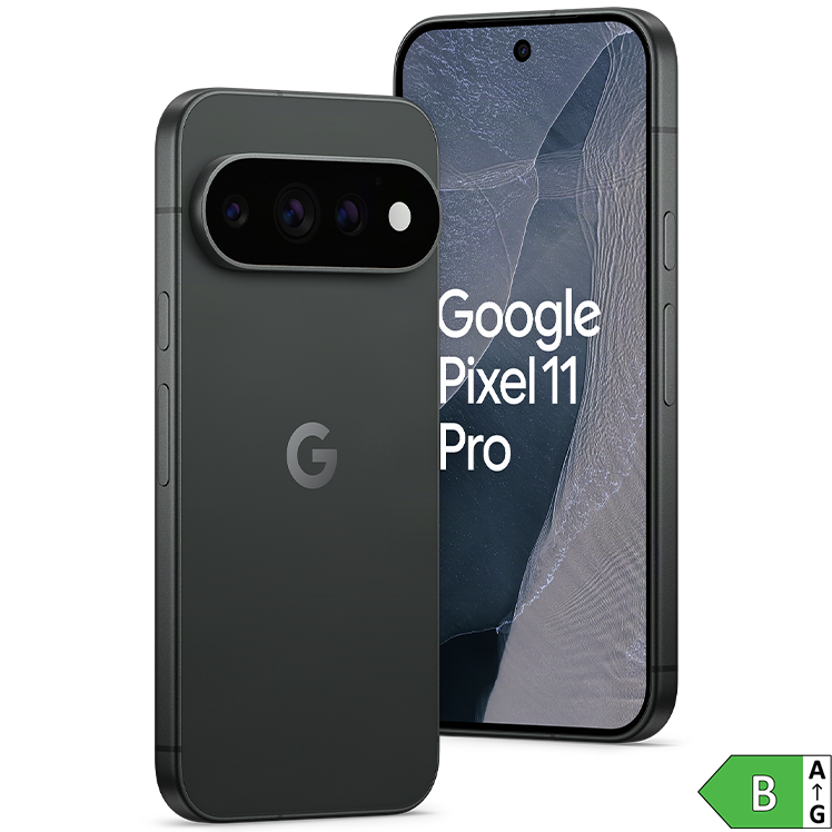 Google Pixel 11 Pro i svart färg visad från fram- och baksida, med trippelkamera och energiklass B-märkning.