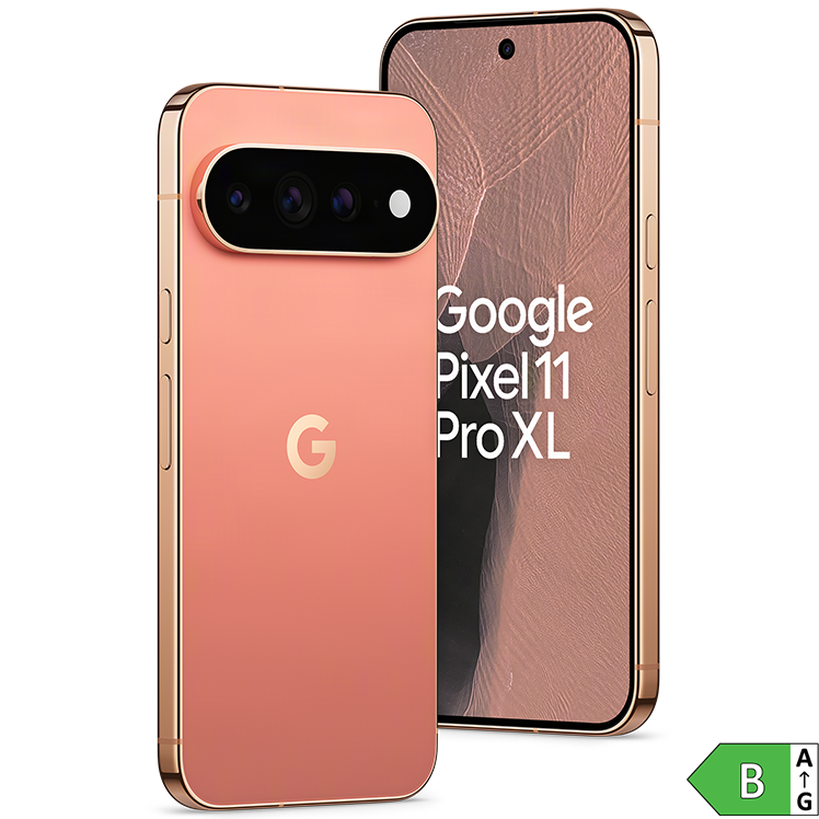 Google Pixel 11 Pro XL i rosa färg visad från fram- och baksida med trippelkamera och energiklass B-märkning.
