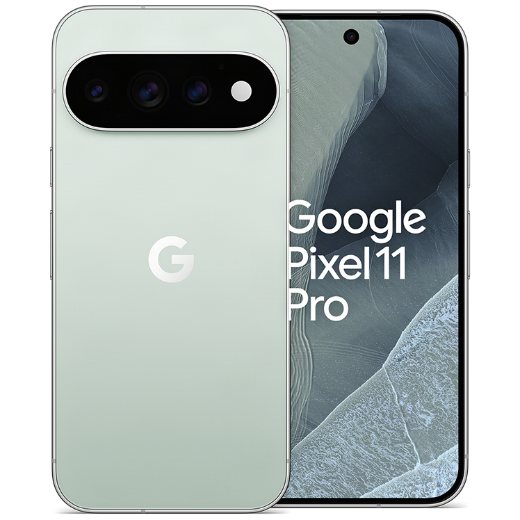 Google Pixel 11 Pro i ljusblå färg, visad framifrån och bakifrån med trippelkamera och Google-logotyp.