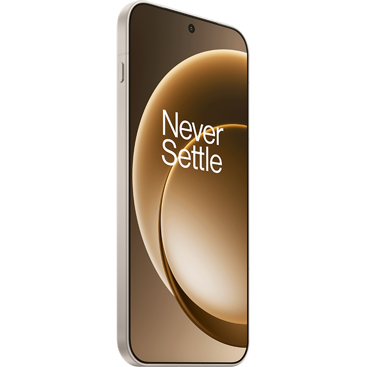 En smartphone sedd snett framifrån med guldtonad skärm som visar texten "Never Settle" mot en elegant brun bakgrund.