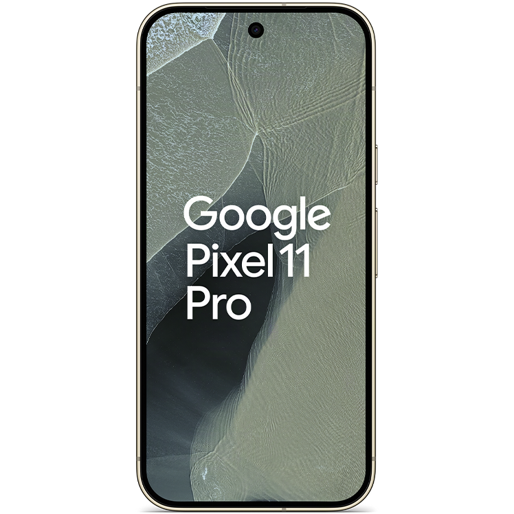 Google Pixel 11 Pro smartphone framifrån med grön skärmbakgrund och svart ram, texten "Google Pixel 11 Pro" visas på skärmen.