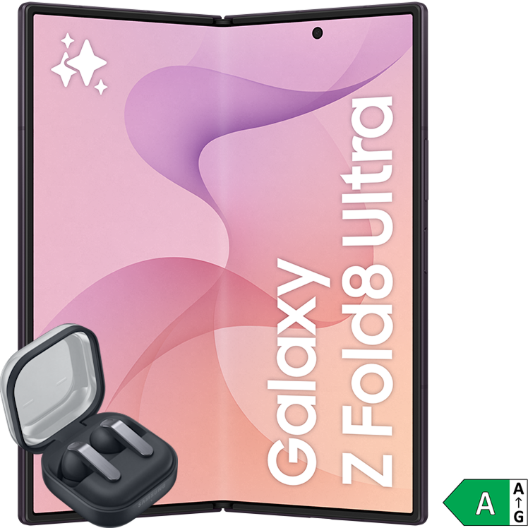 Samsung Galaxy Z Fold8 Ultra i mörkt lila, öppen vy, med svarta trådlösa hörlurar i laddningsfodral och energimärkning A.