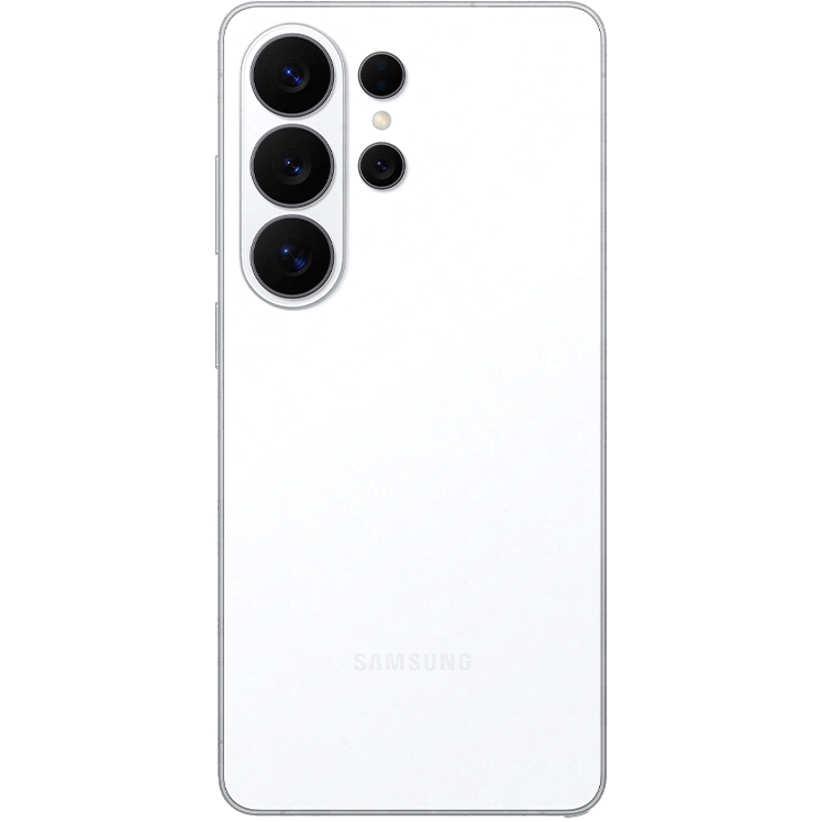 Baksidan av en vit Samsung-smartphone med fem kameror och en blixt placerad bredvid.