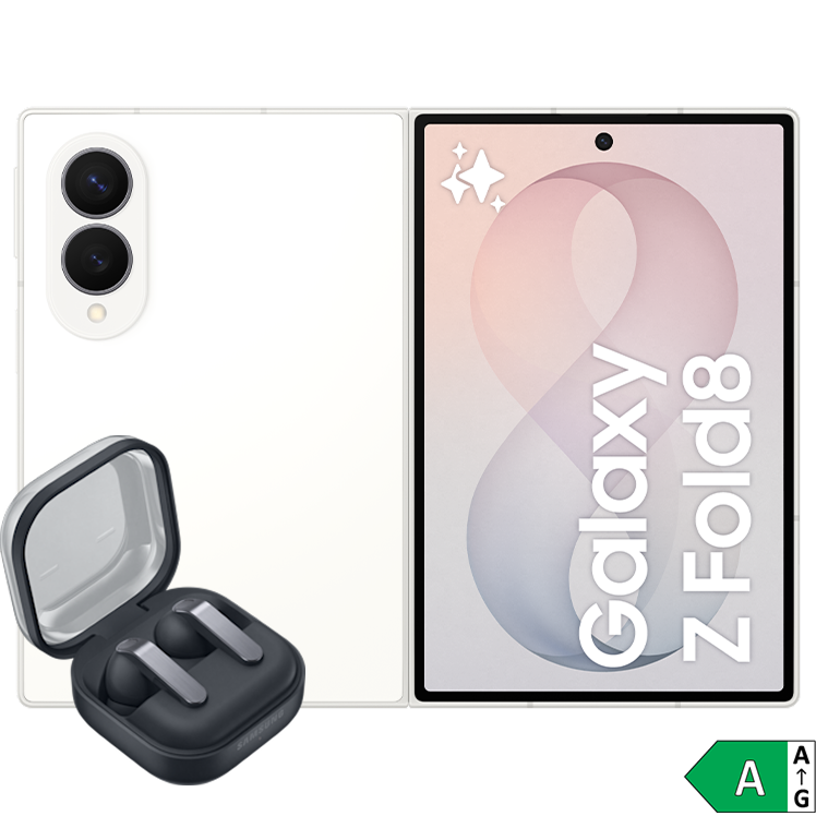 Samsung Galaxy Z Fold8 i vitt, öppen vy, med svarta trådlösa hörlurar i laddningsfodral och energimärkning A.