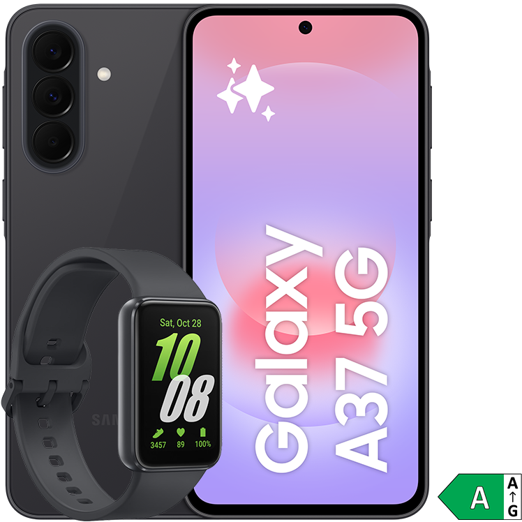 Svart Samsung Galaxy A37 5G-smartphone med trippelkamera på baksidan och skärm med selfiekamera på framsidan bredvid en svart Galaxy Fit3 Watch
