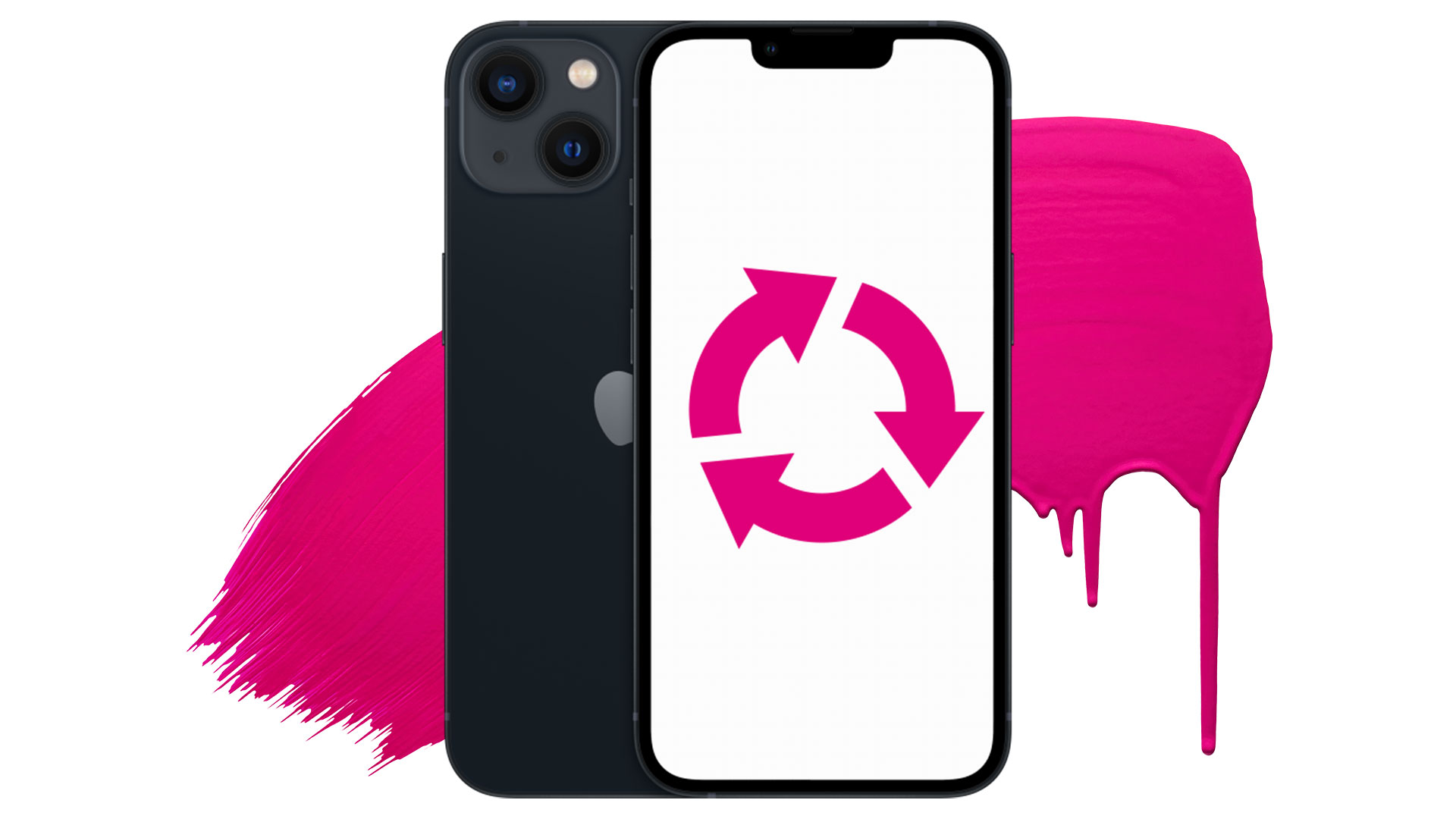 iPhone 13, svart, framsida och baksida, dubbelkamera i övre vänstra hörnet på mobilens baksida. Återvinningssymbol i mitten.