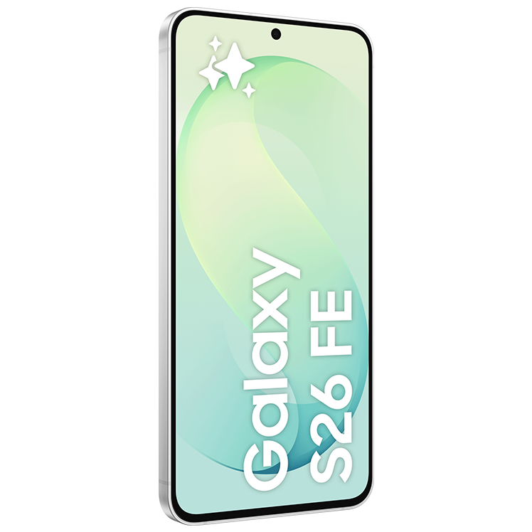 Samsung Galaxy S26 FE smartphone i grön färg, visad framifrån med en grön gradient på skärmen.