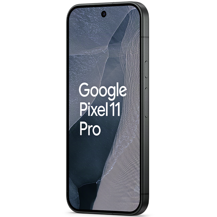 Google Pixel 11 Pro smartphone i mörkgrå färg, sedd framifrån i vinkel med skärmen tänd.