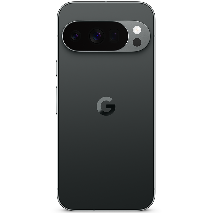 Svart Google Pixel 10 Pro sedd bakifrån, med framträdande kameramodul och G-logotyp på baksidan.