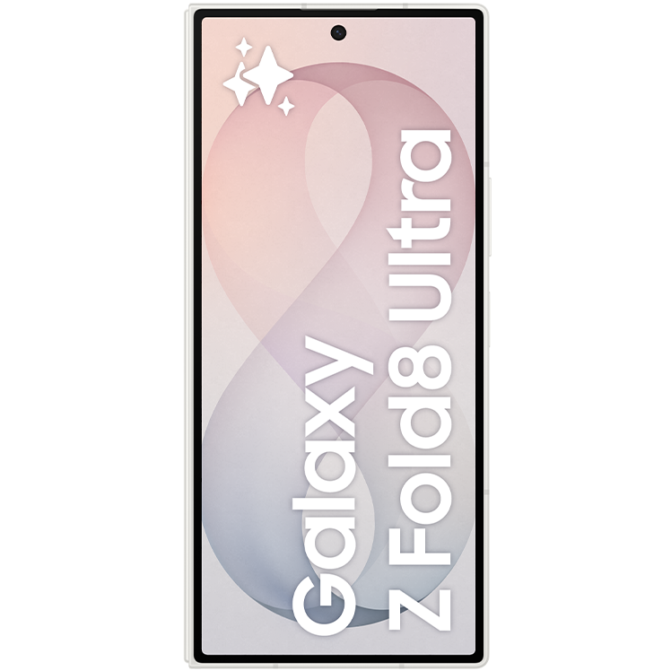 Samsung Galaxy Z Fold8 Ultra sedd framifrån med mjukt rosa och lila bakgrund och vit text på skärmen.