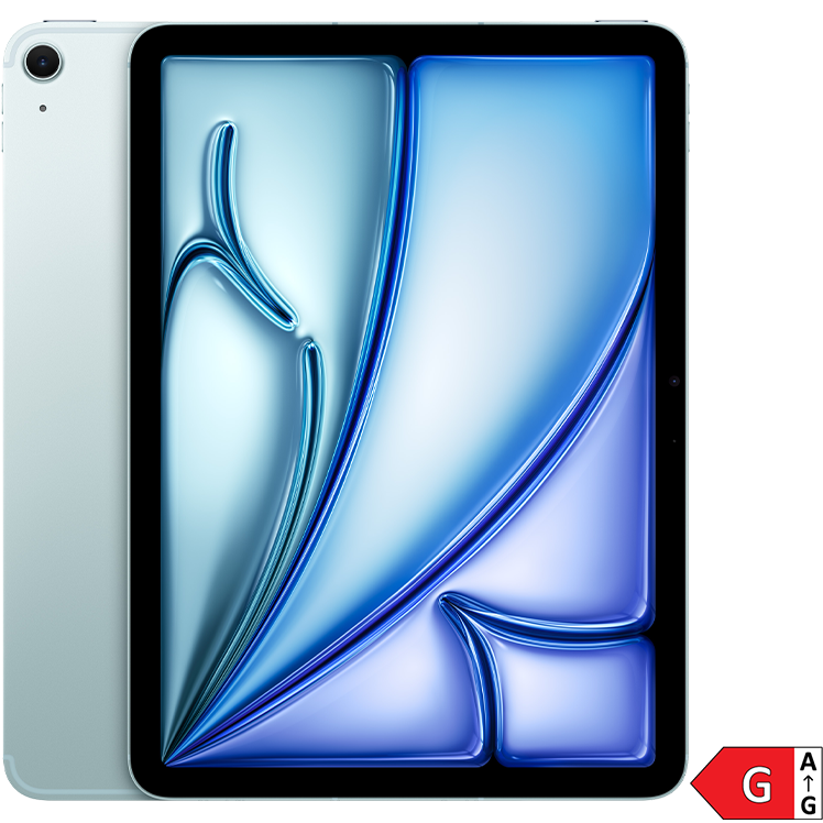 En iPad Air med lila abstrakt bakgrundsbild på skärmen och en energimärkning i rött med bokstaven G.