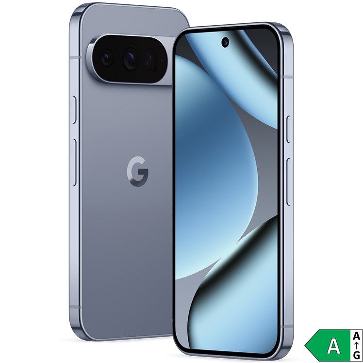En grå Google Pixel 10 Pro med trippelkamera på baksidan och en blå abstrakt bakgrund på skärmen. Energimärkning A visas.