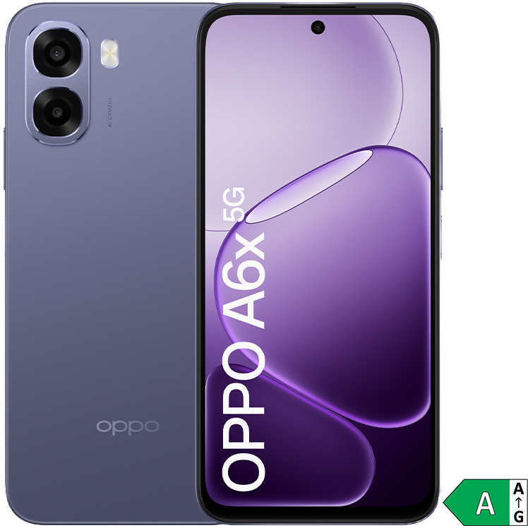 OPPO A6x 5G smartphone i lila, visad framifrån och bakifrån med dubbla kameror och energiklass A-märkning.