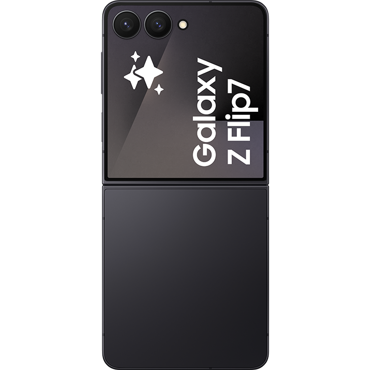 Svart Samsung Galaxy Z Flip7 vikbar smartphone med dubbla kameror och stjärndekorationer på den blanka baksidan.