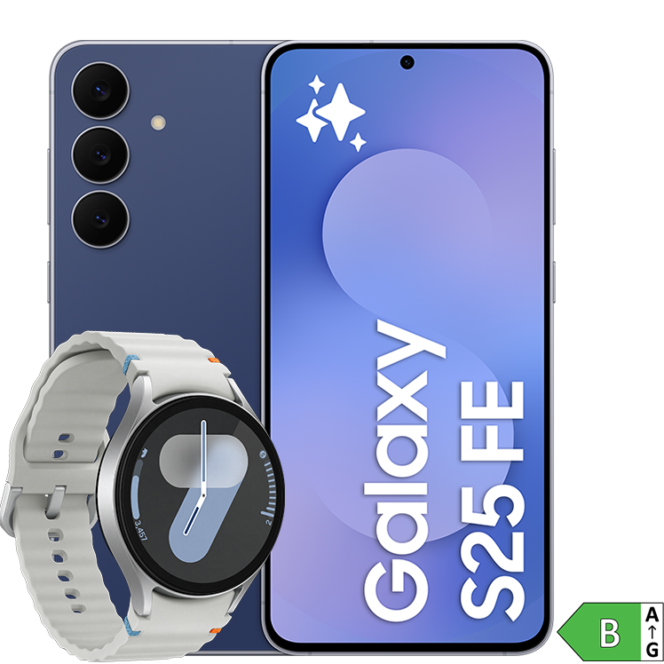 En blå Samsung Galaxy S25 FE med tre kameror visas bredvid en silverfärgad smartklocka med energimärkning B.