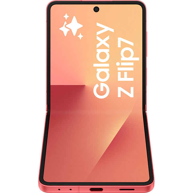 Samsung Galaxy Z Flip7 smartphone i korallrosa färg med vikbar design och stjärnsymboler på skärmen.