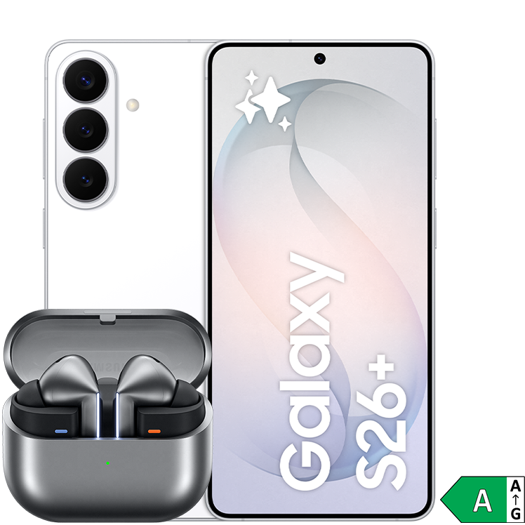 Fram- och baksida på vit Samsung Galaxy S26+ med Galaxy Buds3 Pro framför