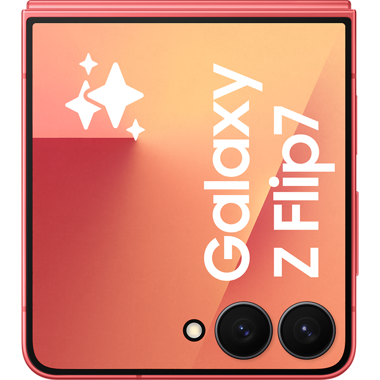 En korallröd hopvikt Samsung Galaxy Z Flip-telefon med dubbla kameror och vita stjärnor som dekoration på baksidan.