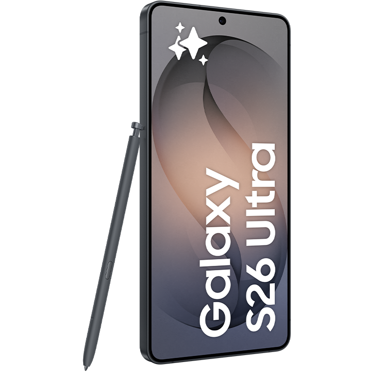 Samsung Galaxy S26 Ultra-smartphone med S Pen-penna bredvid. Skärmen visar en mjuk gradient i grått och orange.